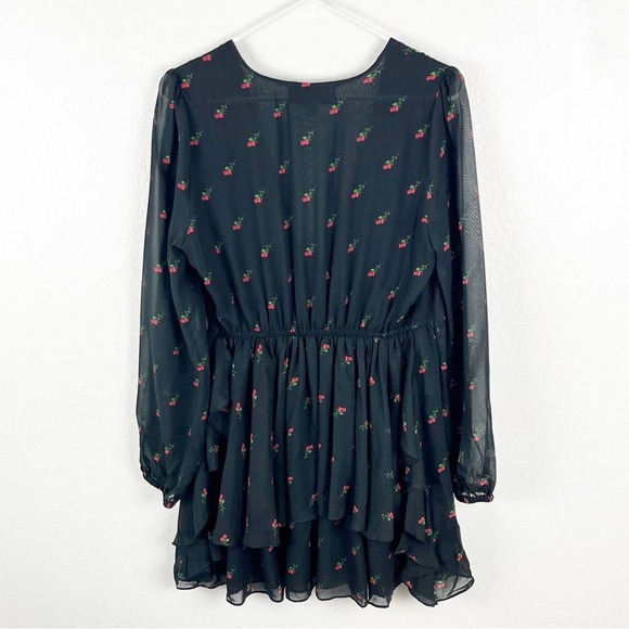 WILDFOX Moira Black Rosebud Print Deep V-Neck Double Layer Flounce Hem Dress - Picture 2 of 9